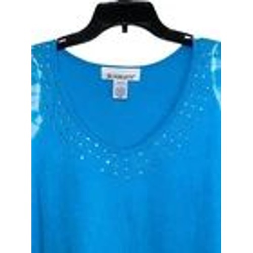 Roaman's Women's 1X Blue Tie Dye Embellished V Neck Short Sleeve T Shirt Top - Picture 3 of 8